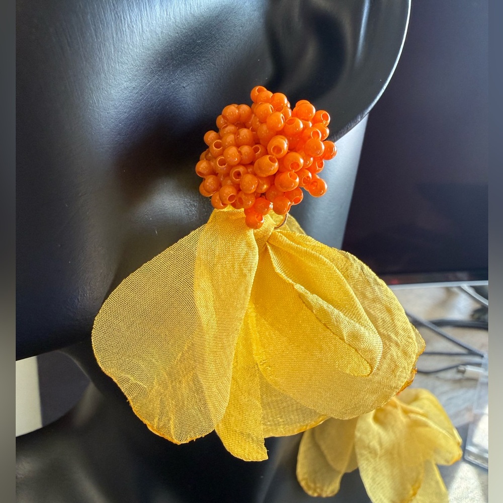 (NEW) Orange Beaded Cluster Earrings with Yellow Fabric